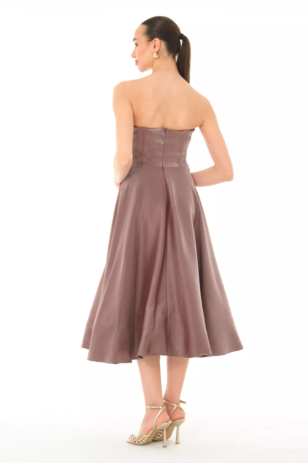 FRV Brown satin strapless midi dress - Hamilton