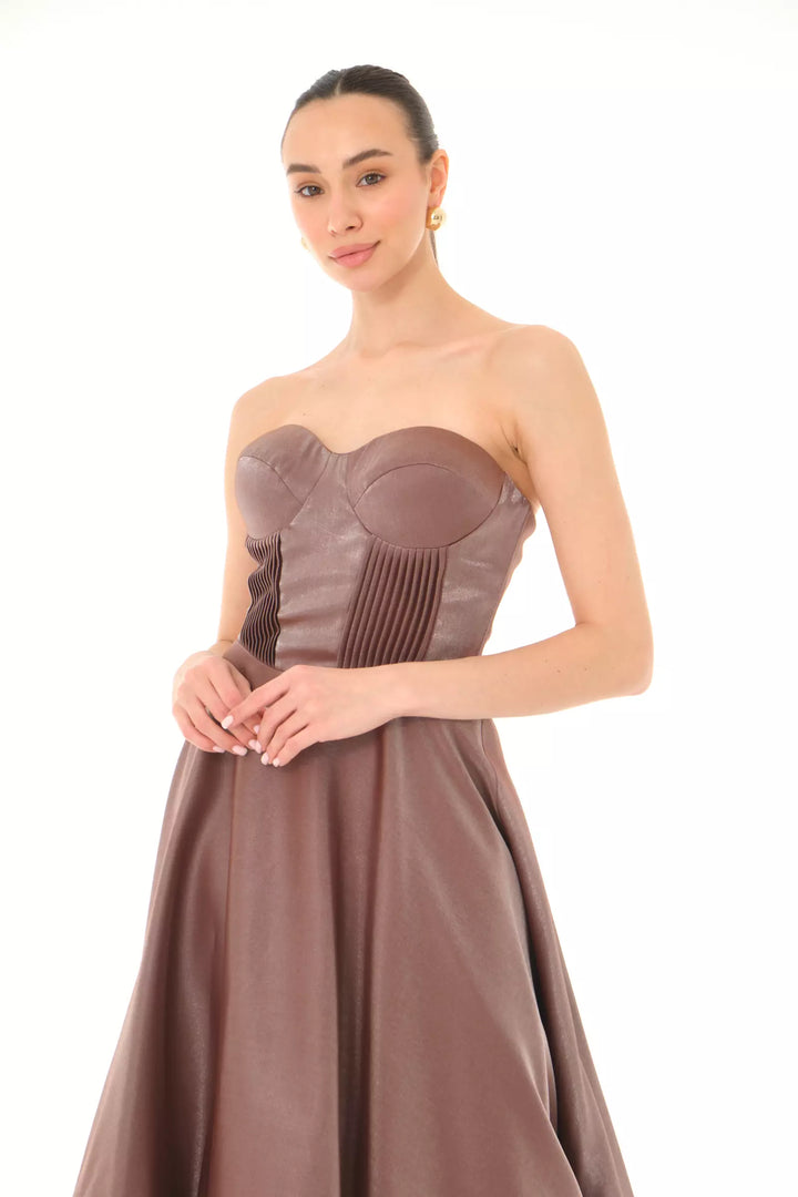 FRV Brown satin strapless midi dress - Hamilton