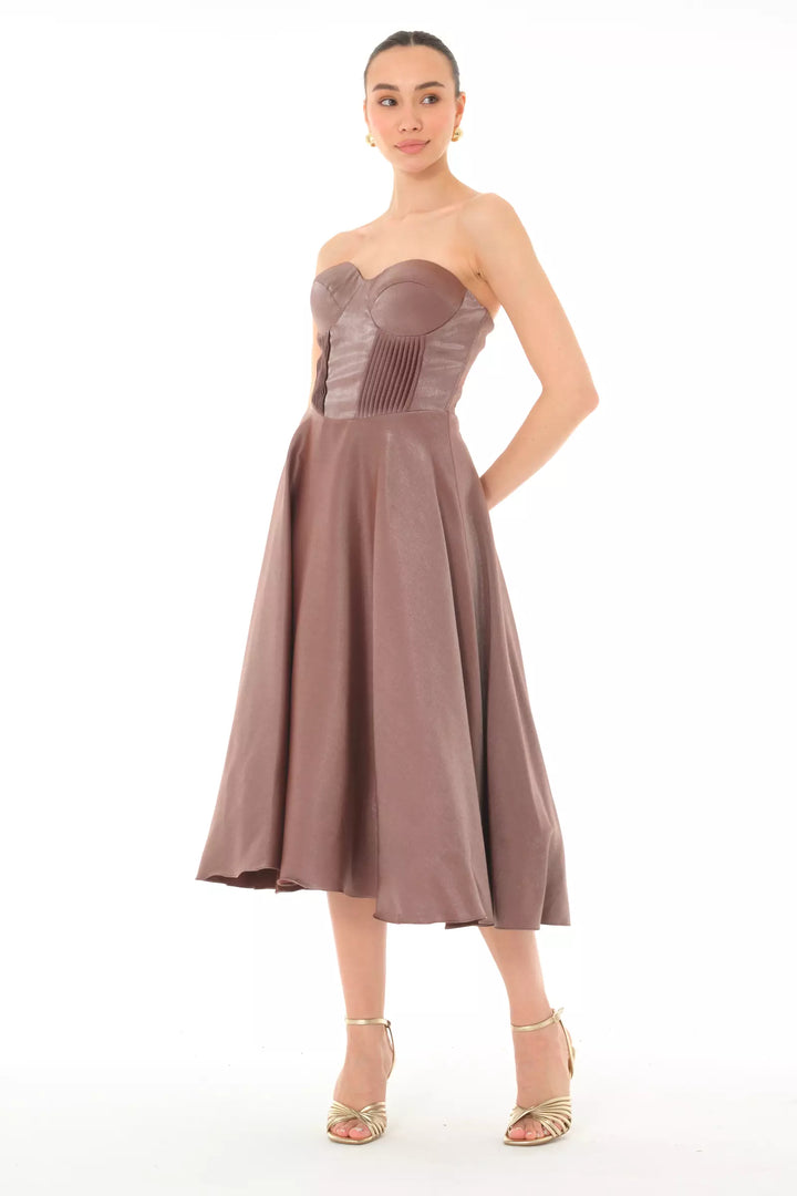FRV Brown satin strapless midi dress - Hamilton