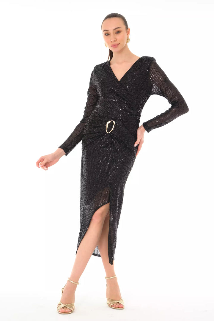 FRV Black stamp sequins long sleeve midi dress - Šiauliai