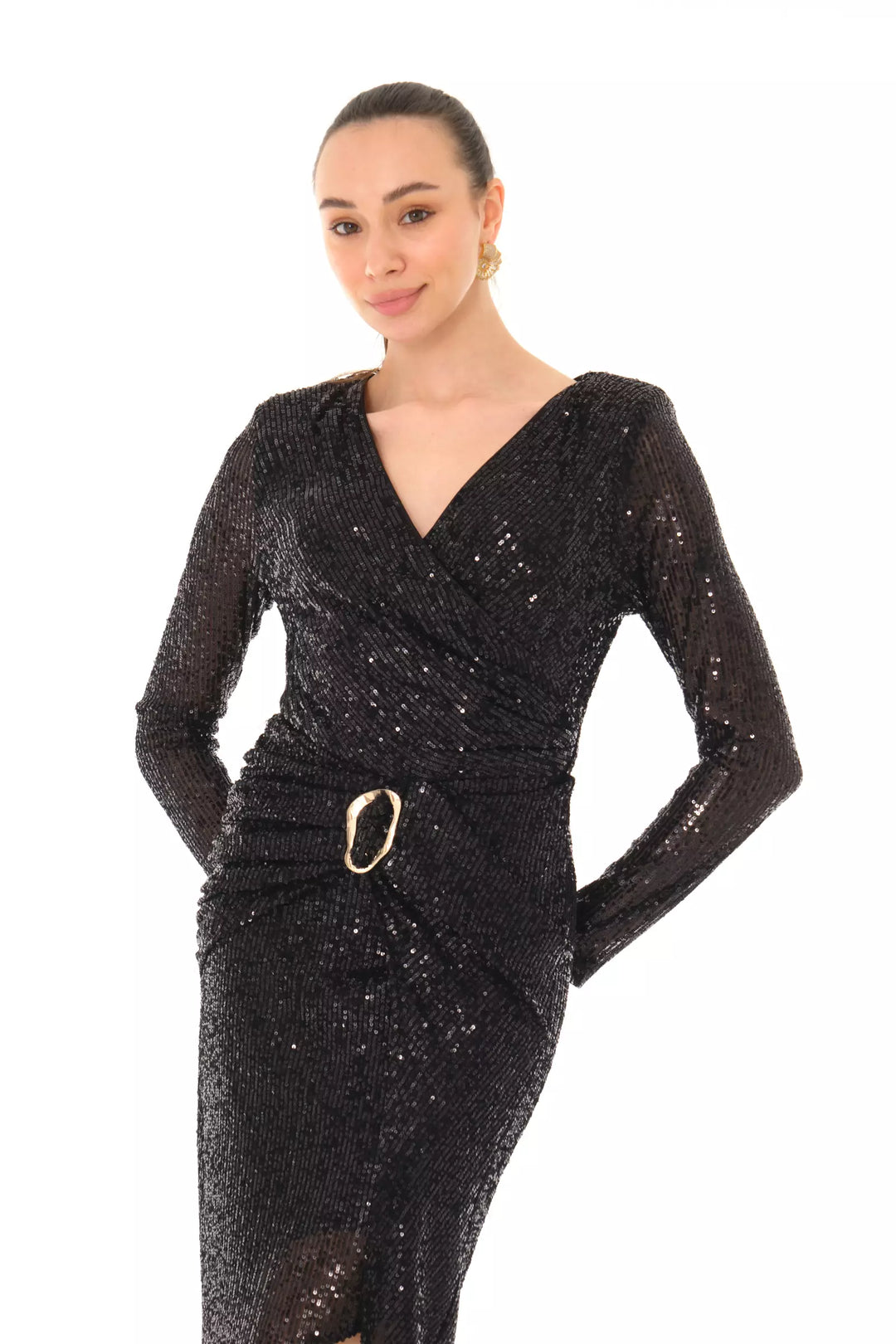 FRV Black stamp sequins long sleeve midi dress - Šiauliai