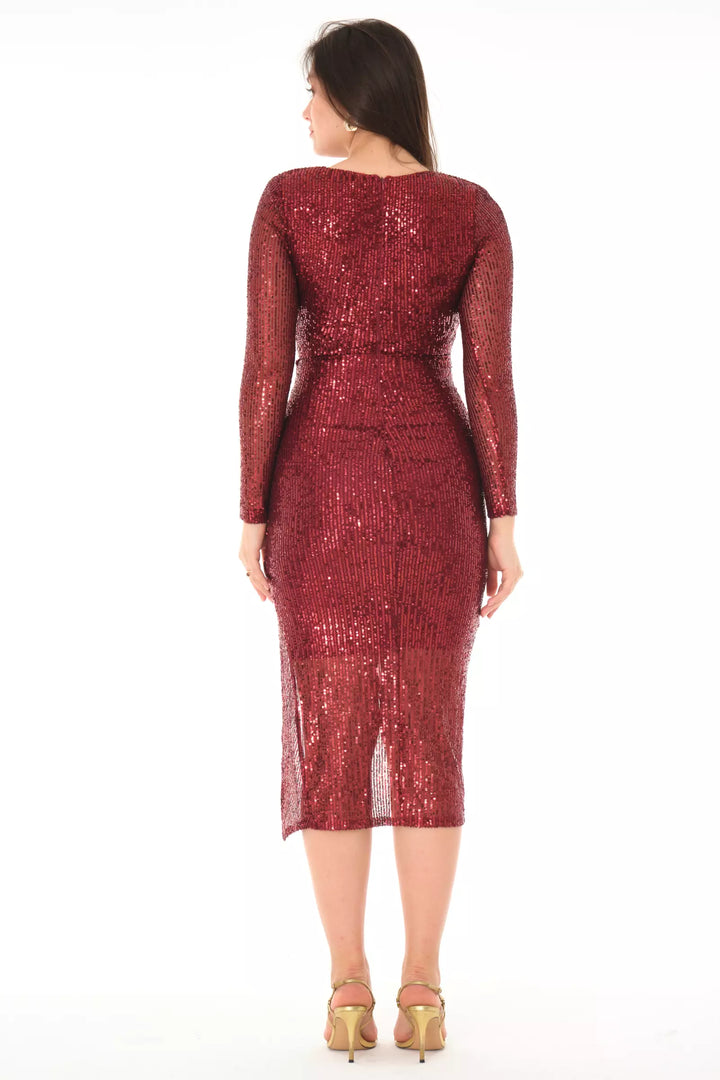 FRV Maroon stamp sequins long sleeve midi dress - Small Heath