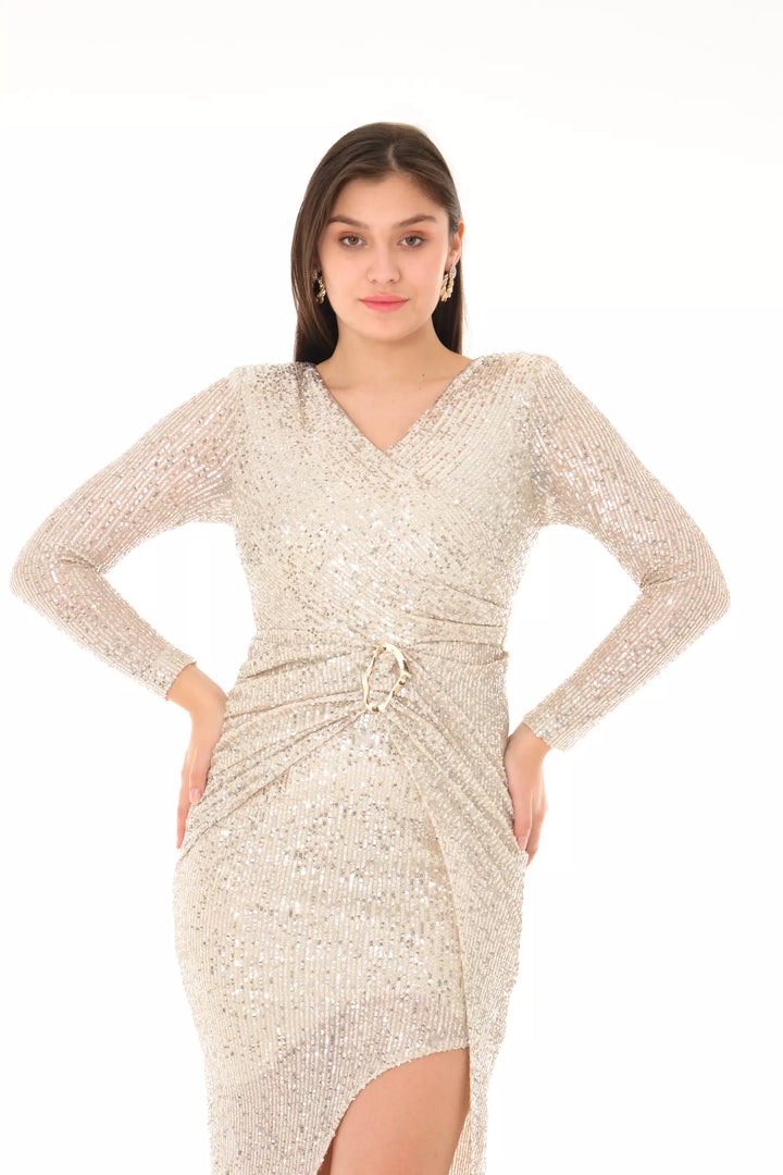 FRV Silver stamp sequins long sleeve midi dress - Daytona Beach