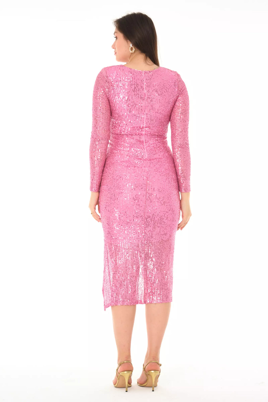 FRV Pink stamp sequins long sleeve midi dress - Eccles