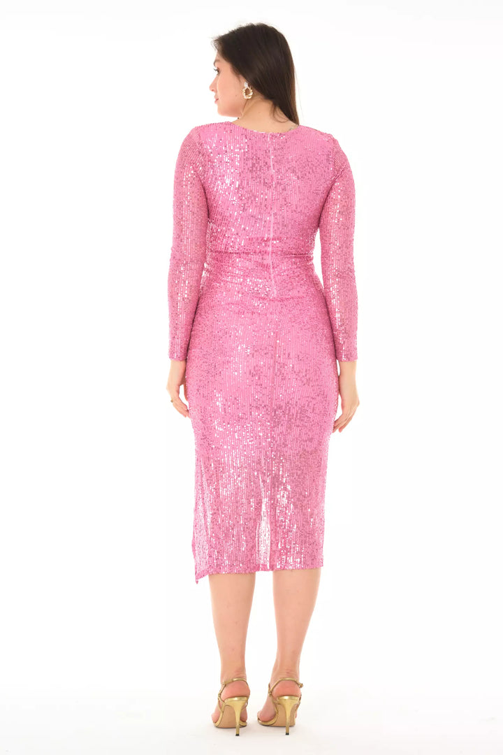 FRV Pink stamp sequins long sleeve midi dress - Eccles