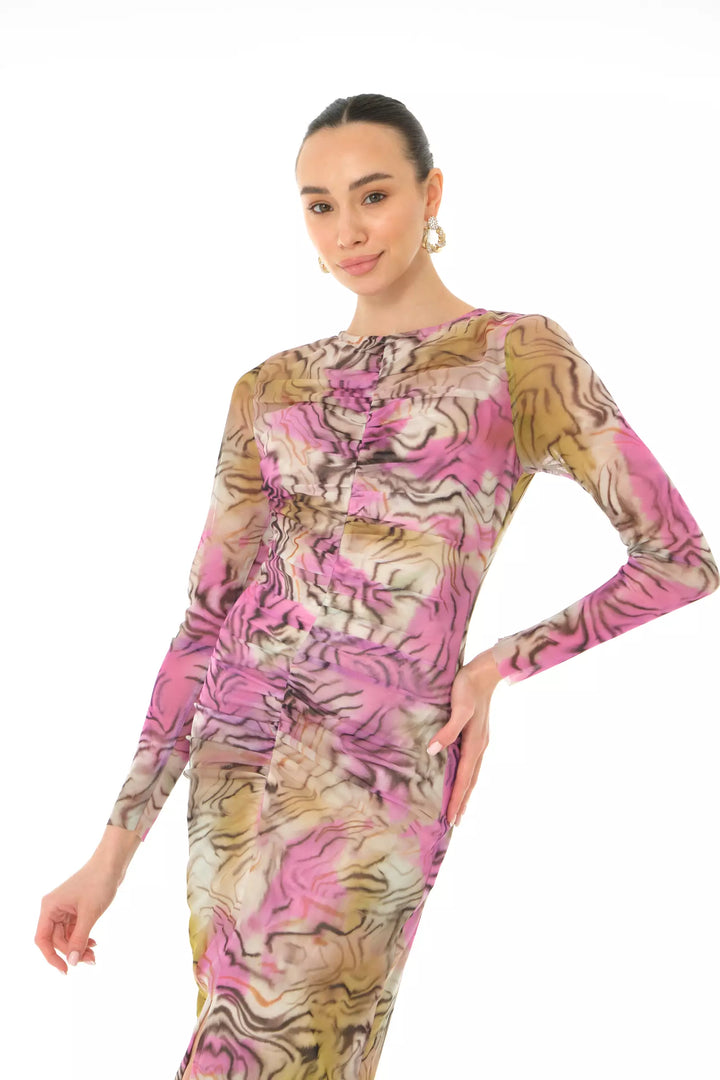 FRV Printed tulle long sleeve midi dress - Fondi