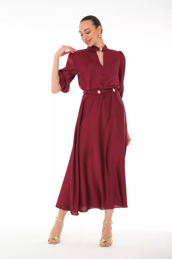FRV Maroon satin 3/4 sleeve midi dress - Baldwin Park