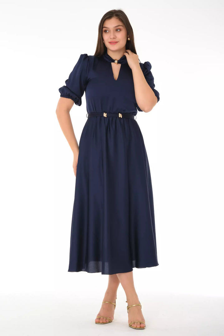 FRV Navy blue satin 3/4 sleeve midi dress - Lawrence