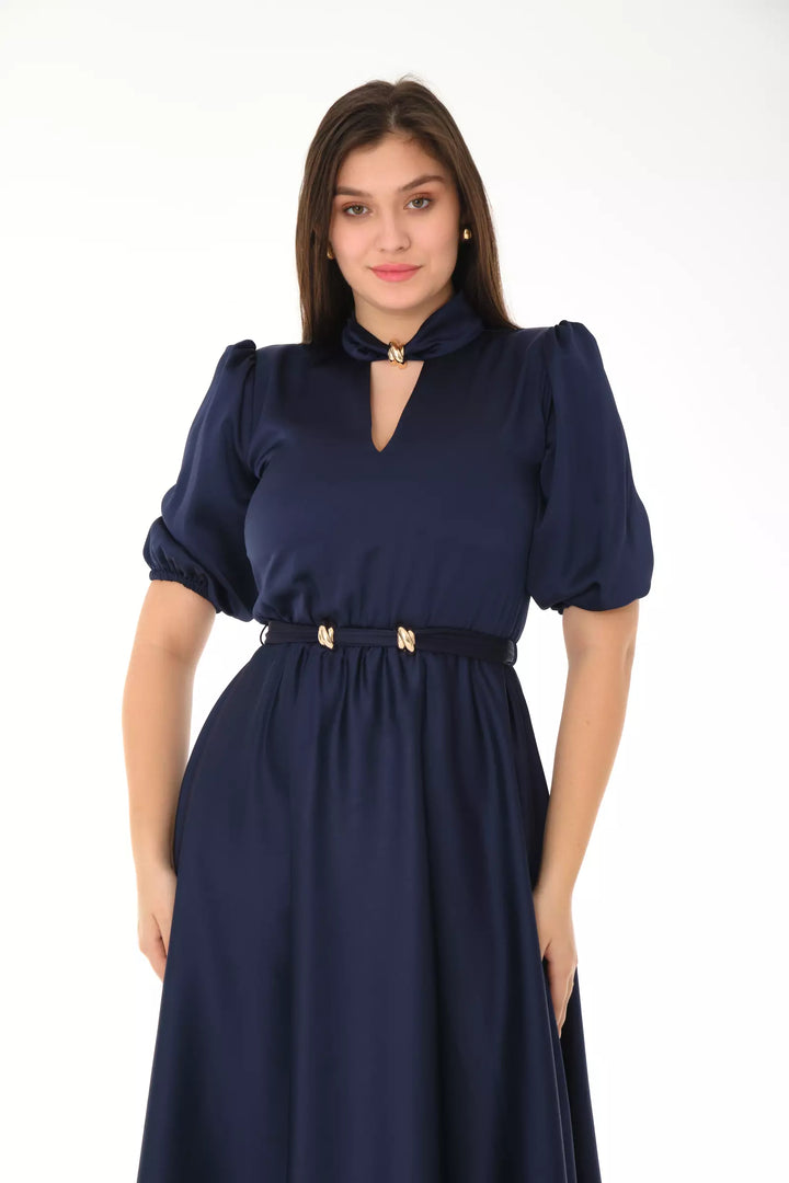 FRV Navy blue satin 3/4 sleeve midi dress - Lawrence