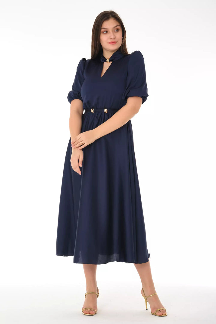 FRV Navy blue satin 3/4 sleeve midi dress - Lawrence