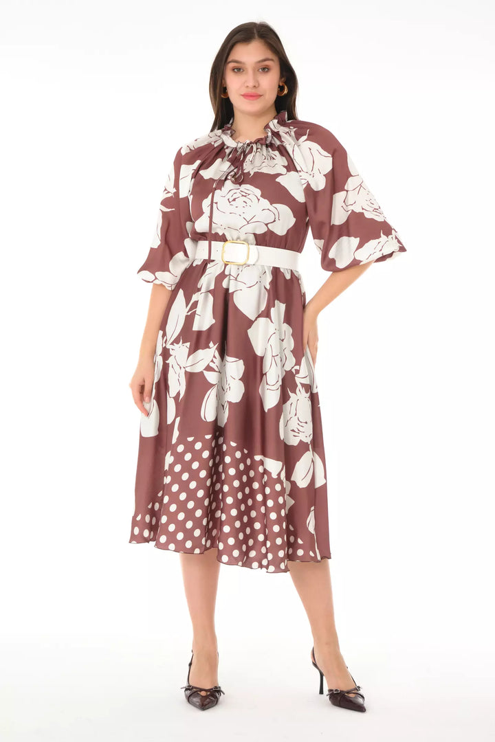 FRV Printed satin long sleeve midi dress - Valdosta