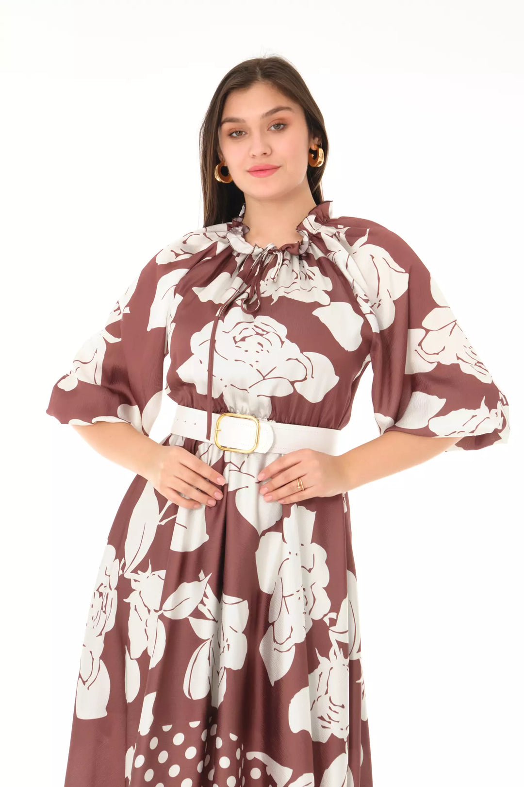 FRV Printed satin long sleeve midi dress - Valdosta