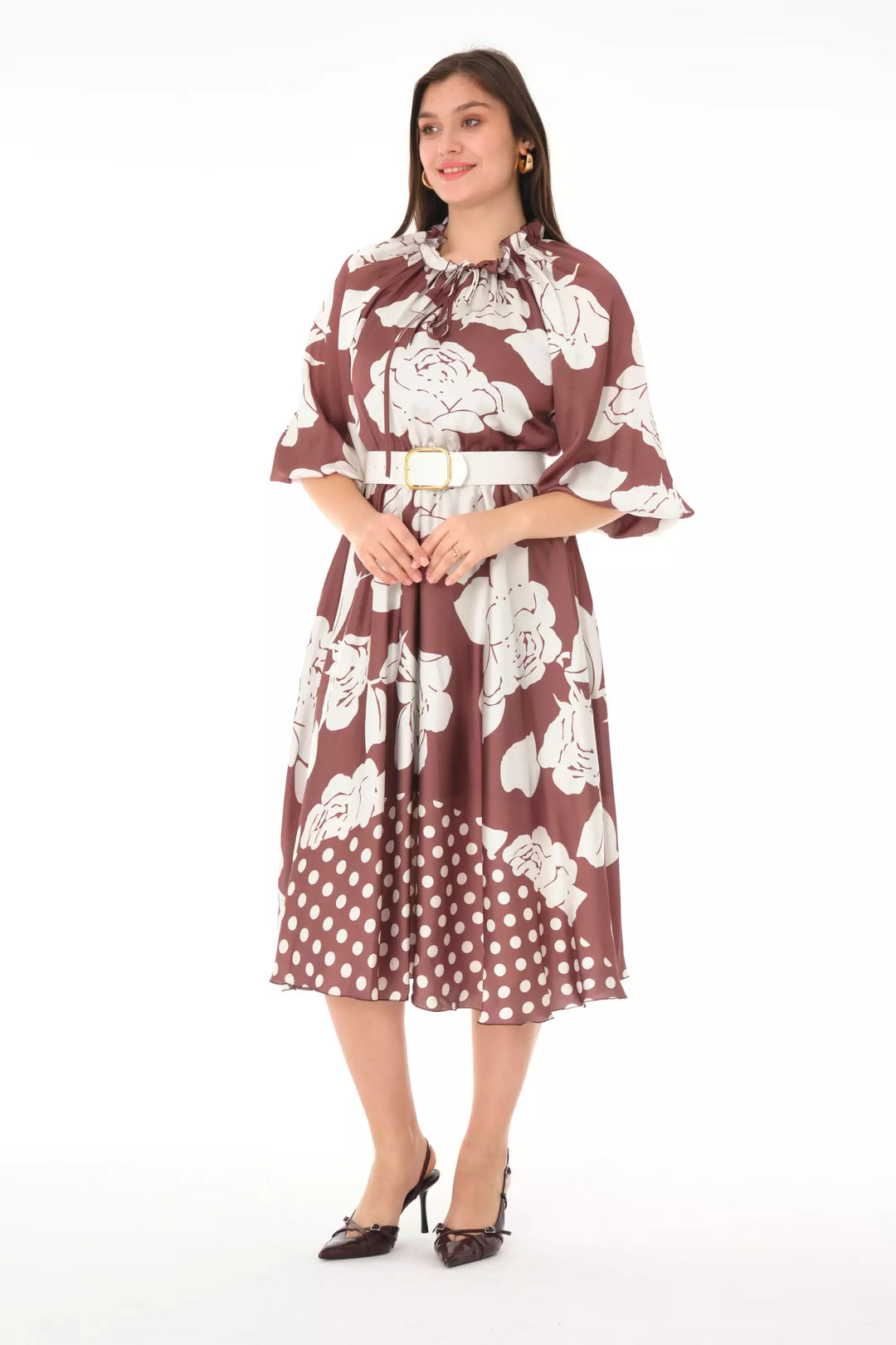 FRV Printed satin long sleeve midi dress - Valdosta