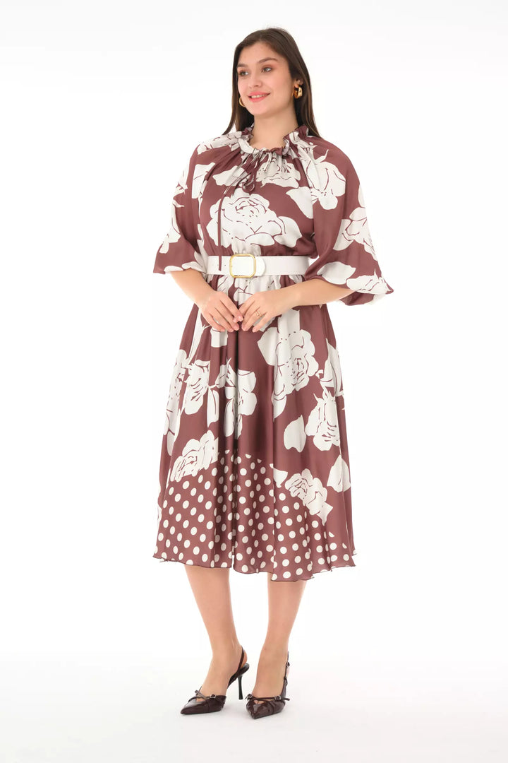 FRV Printed satin long sleeve midi dress - Valdosta