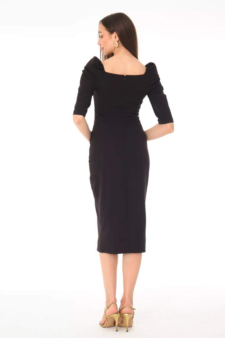 FRV Black crepe 3/4 sleeve midi dress - Nettuno