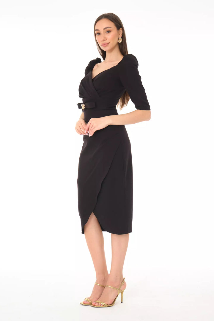 FRV Black crepe 3/4 sleeve midi dress - Nettuno