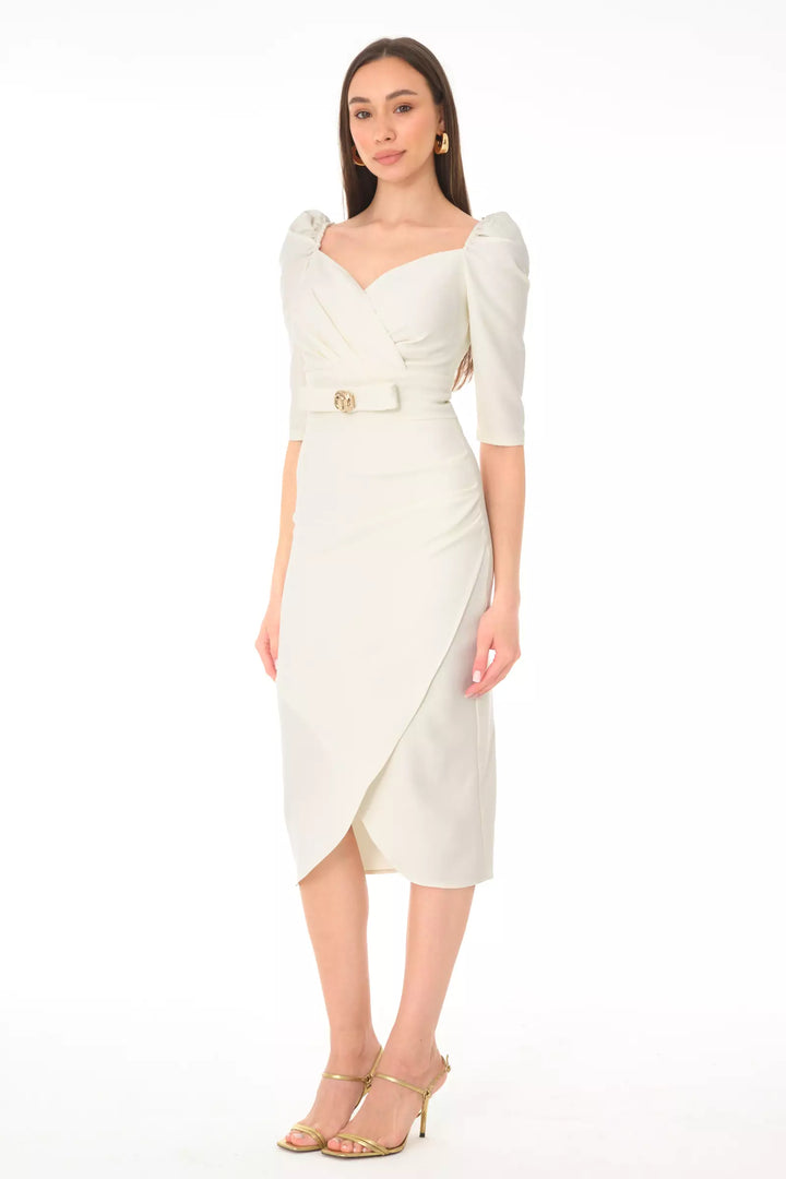 FRV White crepe 3/4 sleeve midi dress - Montpellier