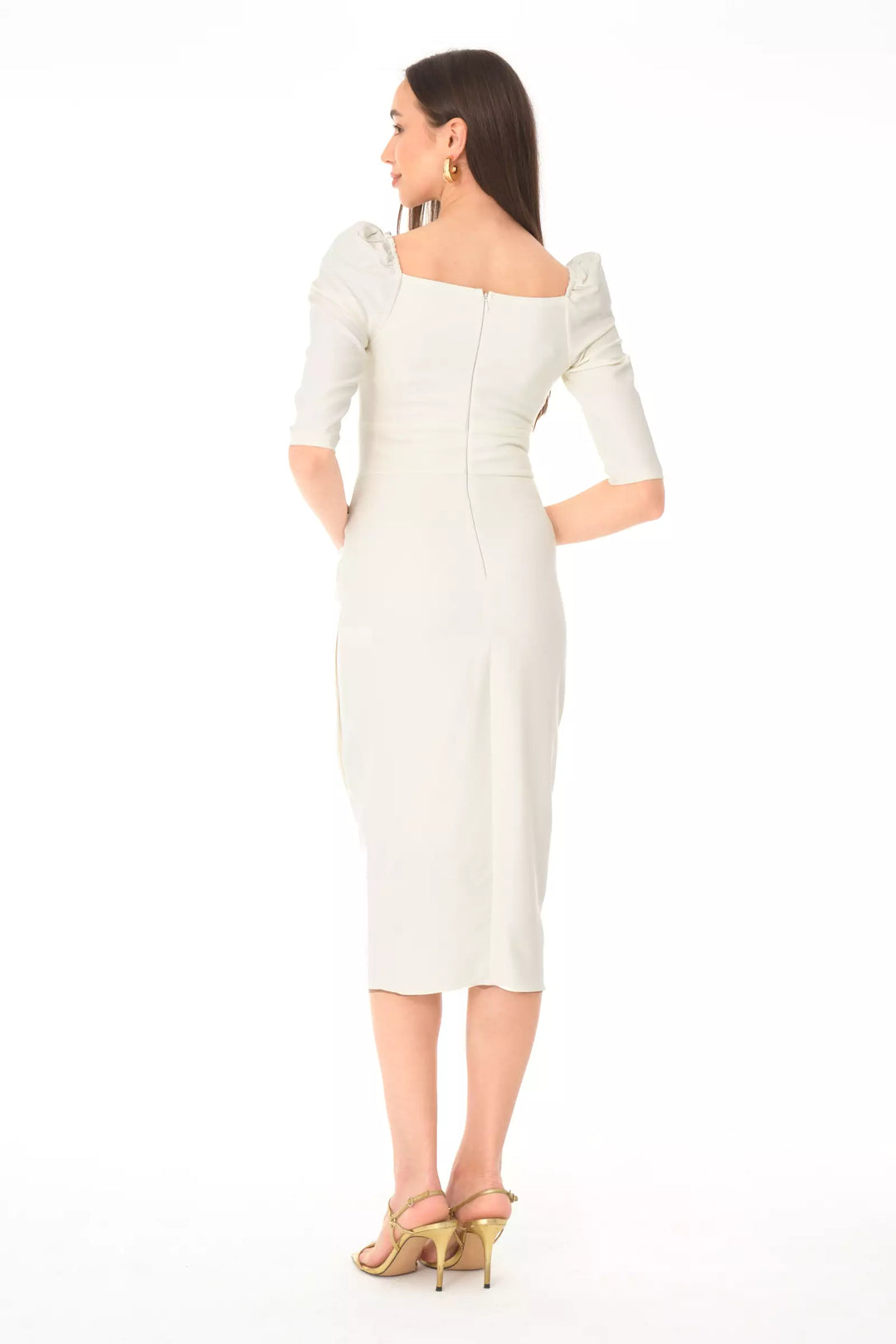 FRV White crepe 3/4 sleeve midi dress - Montpellier