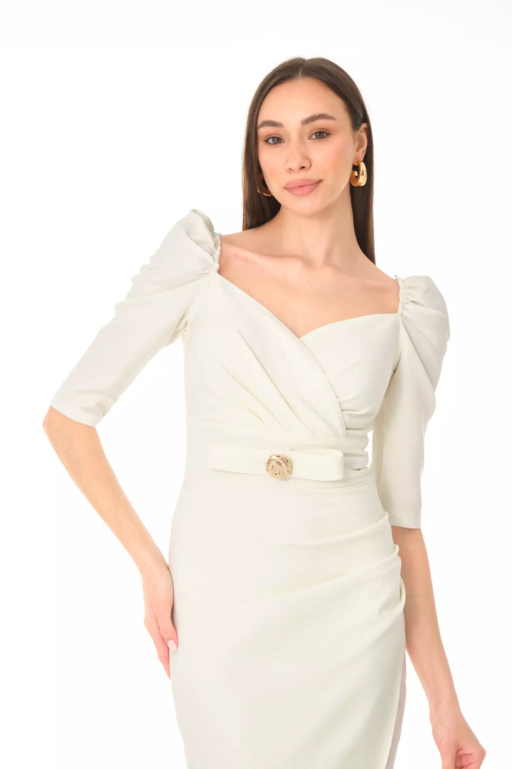 FRV White crepe 3/4 sleeve midi dress - Montpellier