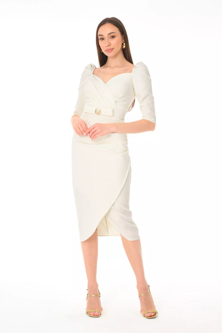 FRV White crepe 3/4 sleeve midi dress - Montpellier