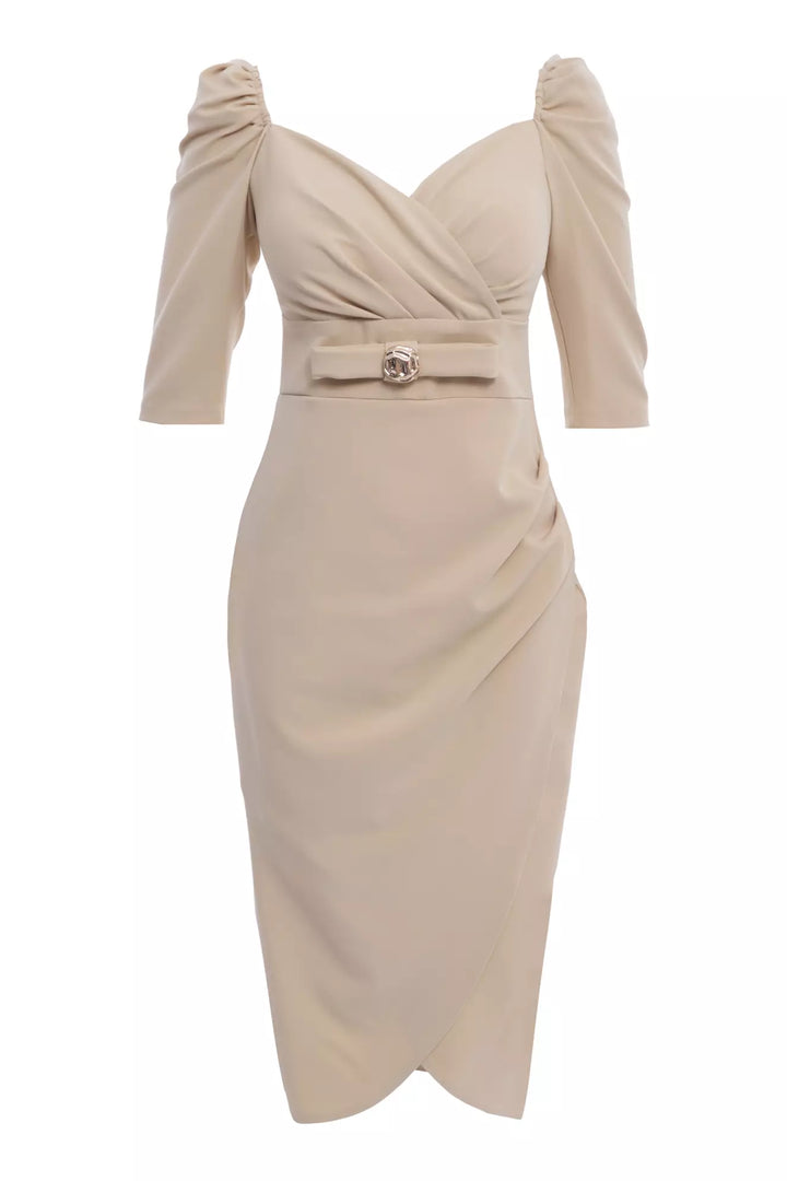FRV Beige crepe 3/4 sleeve midi dress - Zongolica