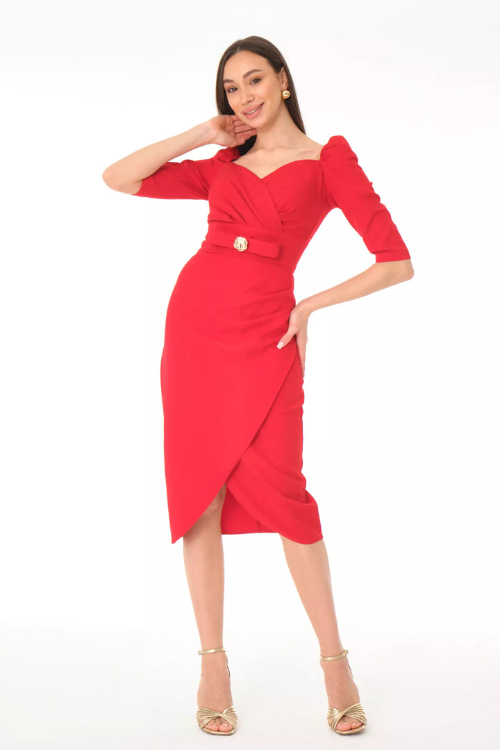 FRV Red crepe 3/4 sleeve midi dress - Harrisburg