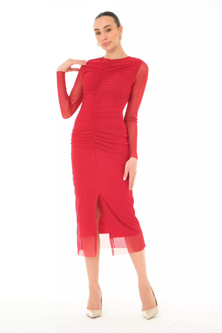 FRV Maroon tulle long sleeve midi dress - Carini