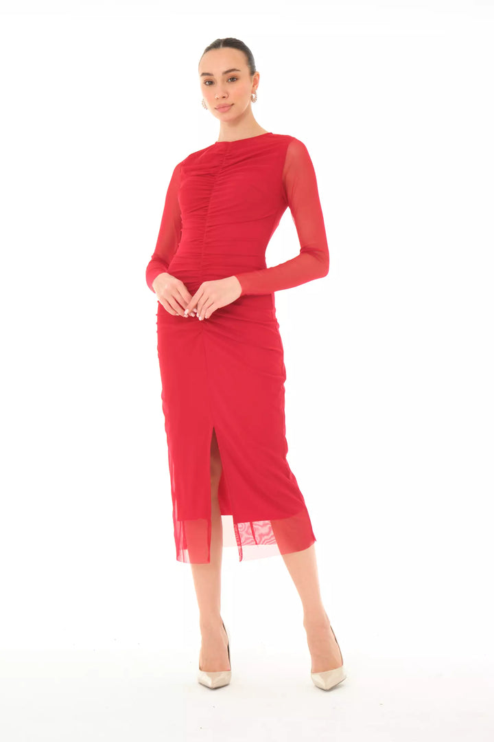 FRV Maroon tulle long sleeve midi dress - Carini