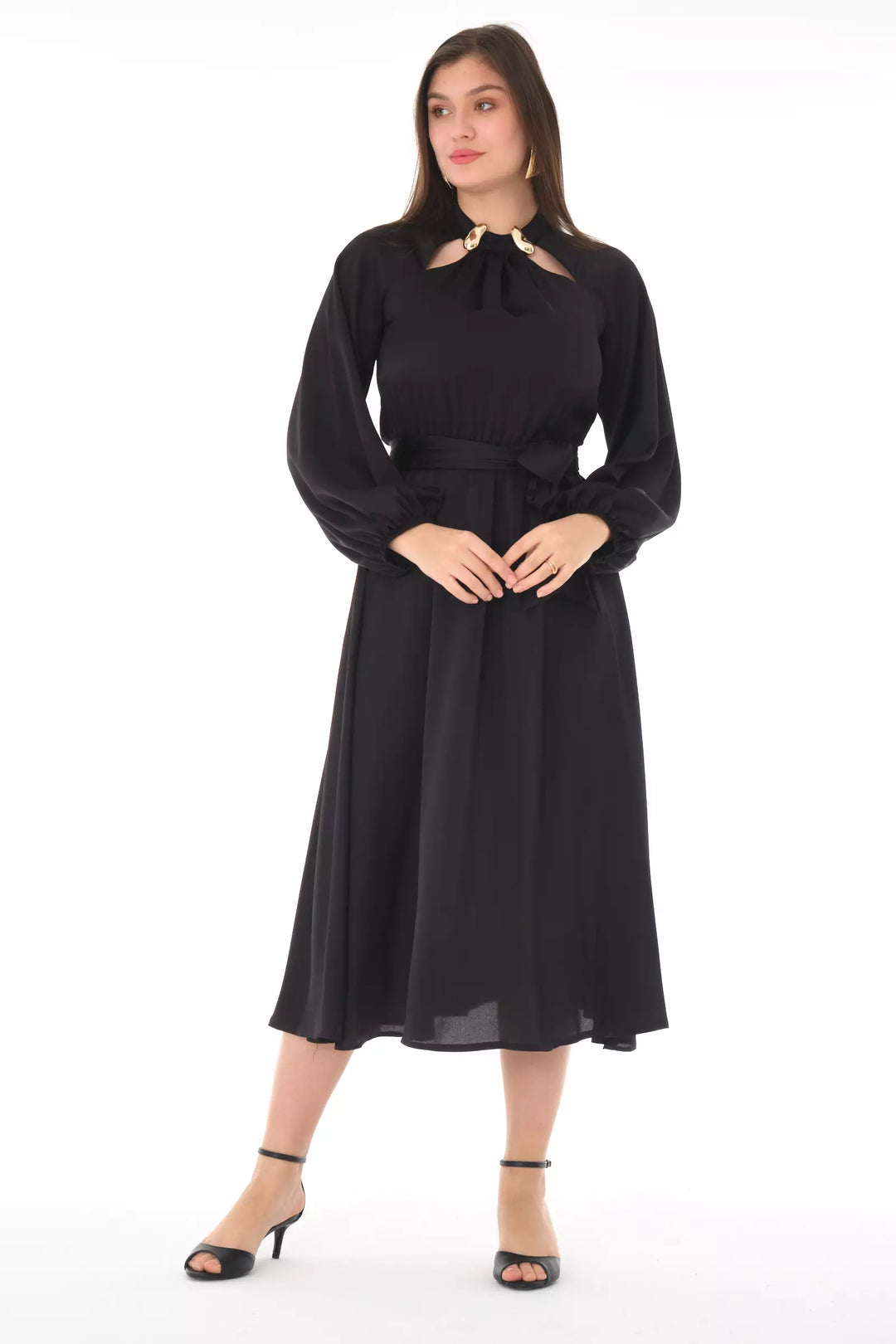 FRV Black satin long sleeve midi dress - Marino