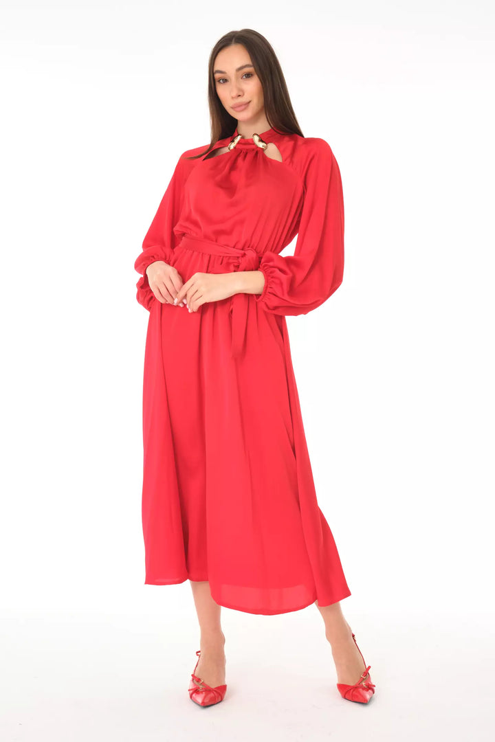 FRV Red satin long sleeve midi dress - Oxchuc