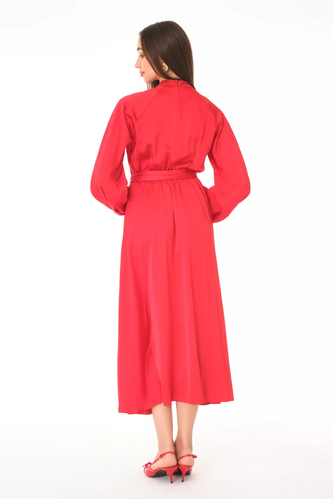 FRV Red satin long sleeve midi dress - Oxchuc