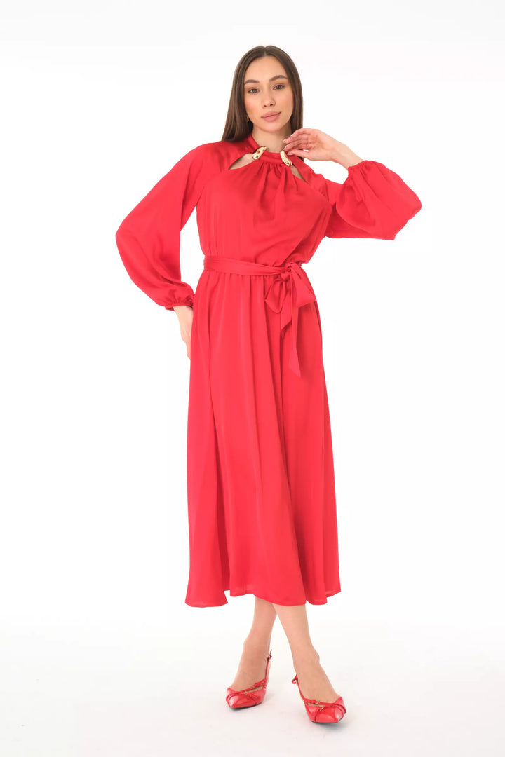 FRV Red satin long sleeve midi dress - Oxchuc