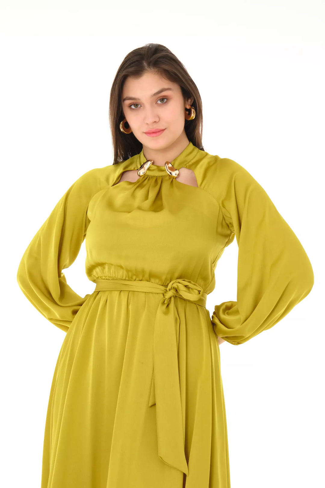 FRV Peanut green satin long sleeve midi dress - Airdrie