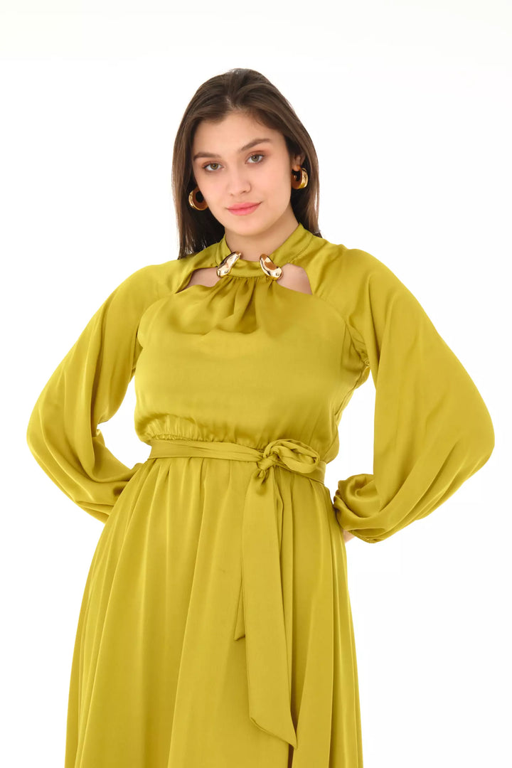 FRV Peanut green satin long sleeve midi dress - Airdrie