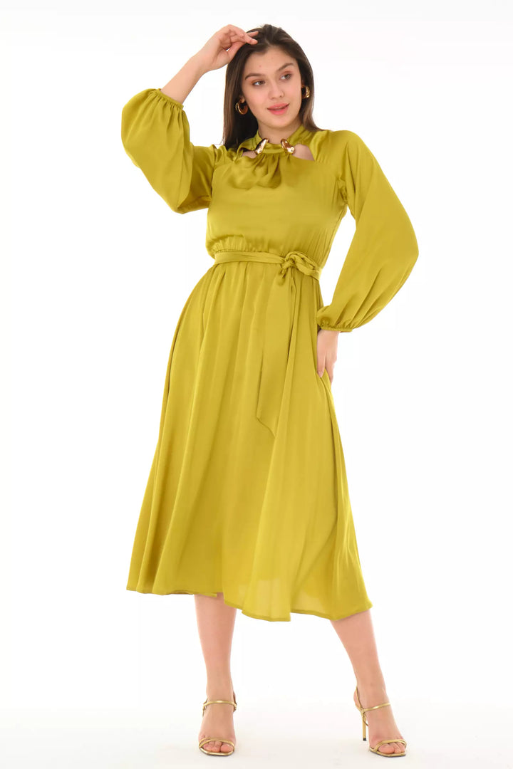 FRV Peanut green satin long sleeve midi dress - Airdrie