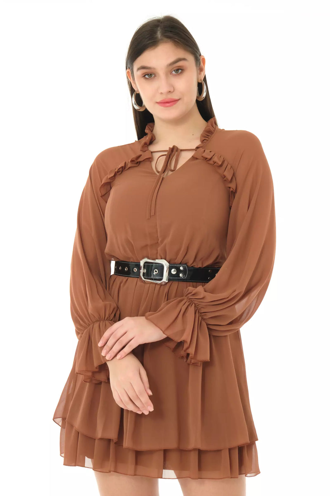 FRV Brown chiffon long sleeve midi dress - Poti