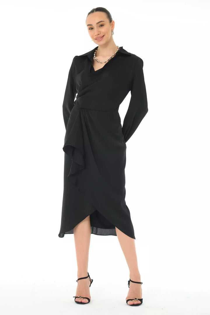 FRV Black satin long sleeve midi dress - Carson City