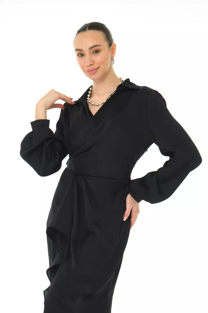 FRV Black satin long sleeve midi dress - Carson City