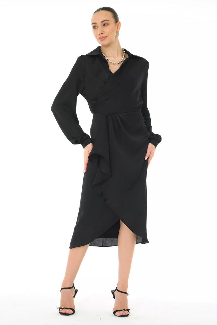 FRV Black satin long sleeve midi dress - Carson City