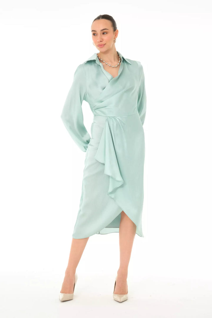 FRV Mint green satin long sleeve midi dress - Huesca