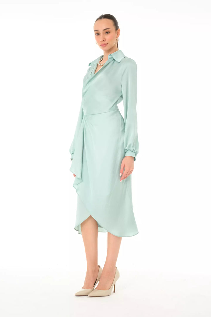 FRV Mint green satin long sleeve midi dress - Huesca