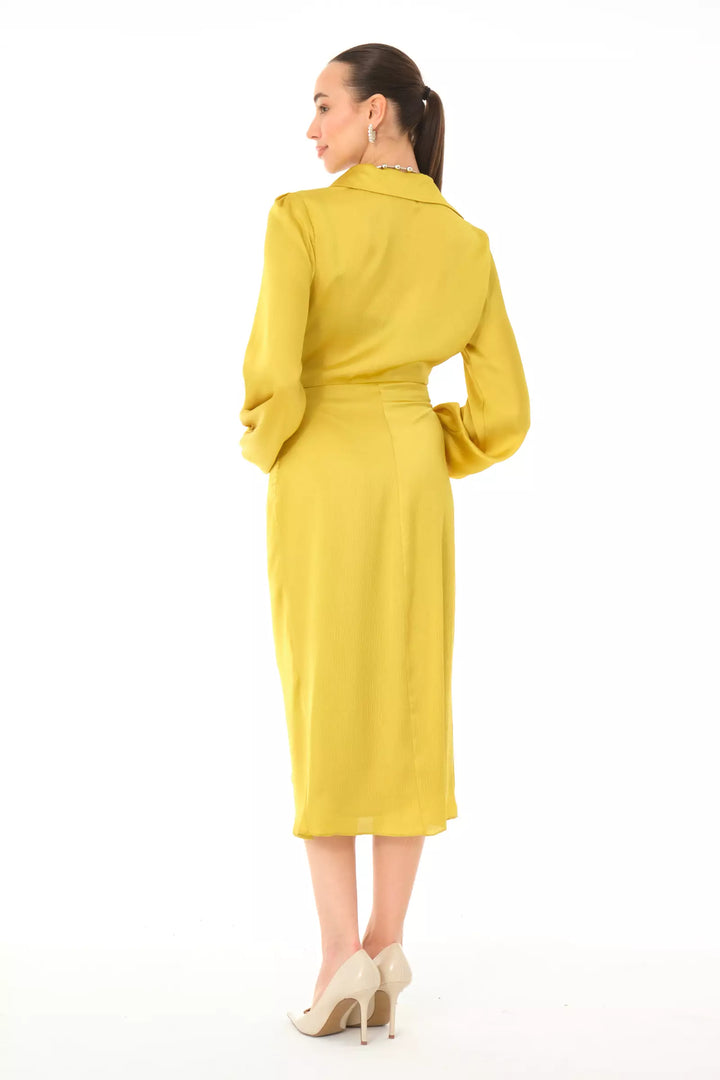 FRV Peanut green satin long sleeve midi dress - Épinay-sur-Seine