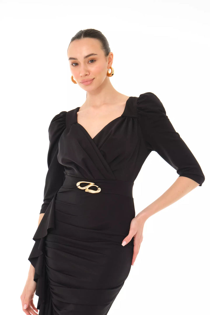 FRV Black knitted 3/4 sleeve midi dress - Hoogeveen