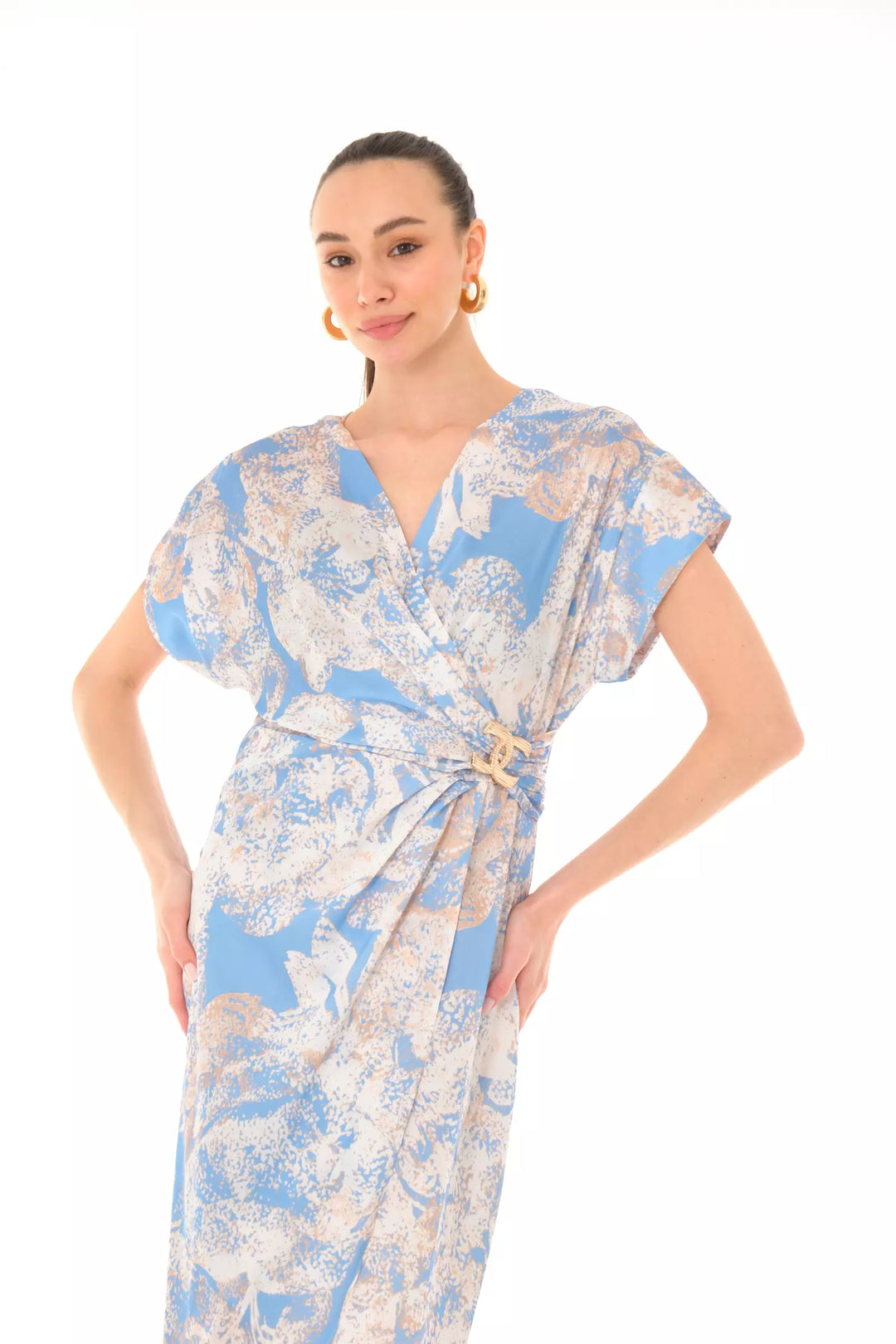 FRV Printed satin short sleeve midi dress - Floreşti
