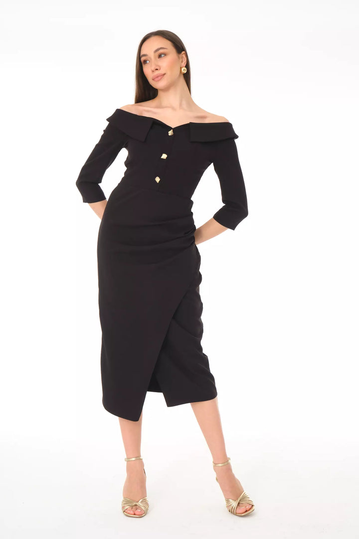 FRV Black crepe 3/4 sleeve midi dress - Burbank