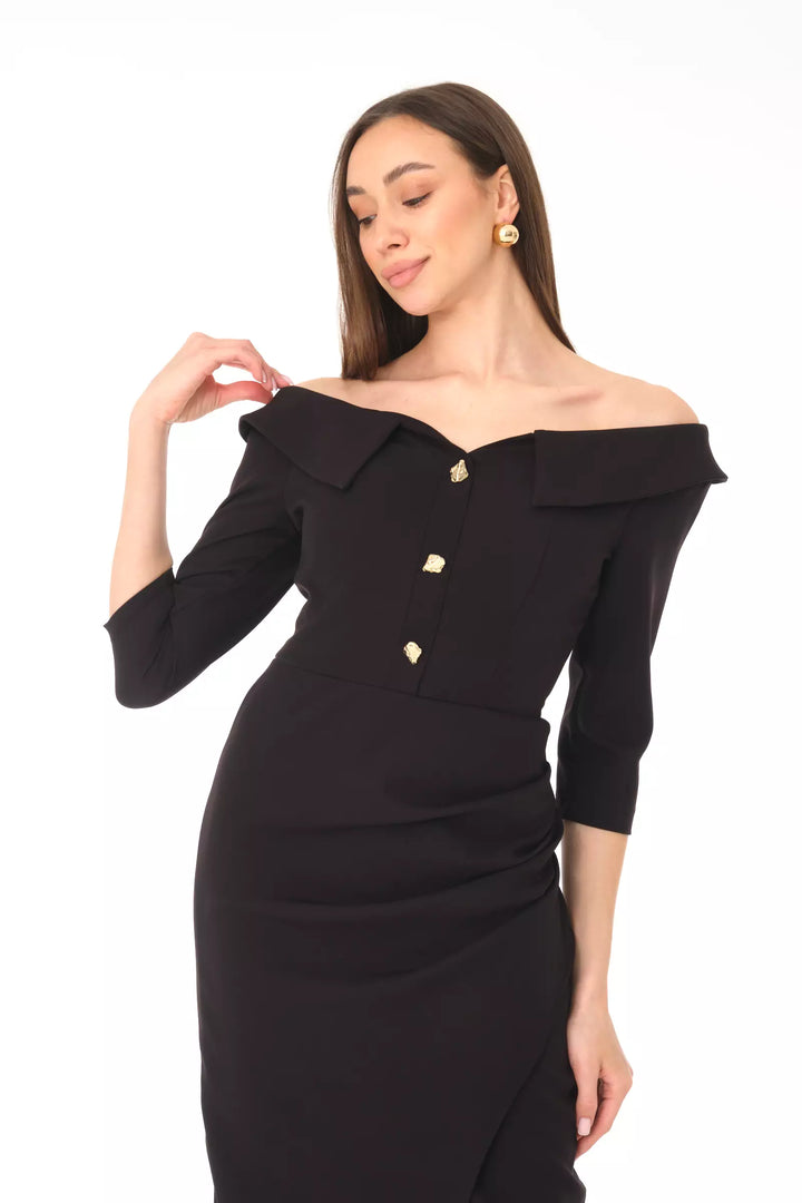 FRV Black crepe 3/4 sleeve midi dress - Burbank