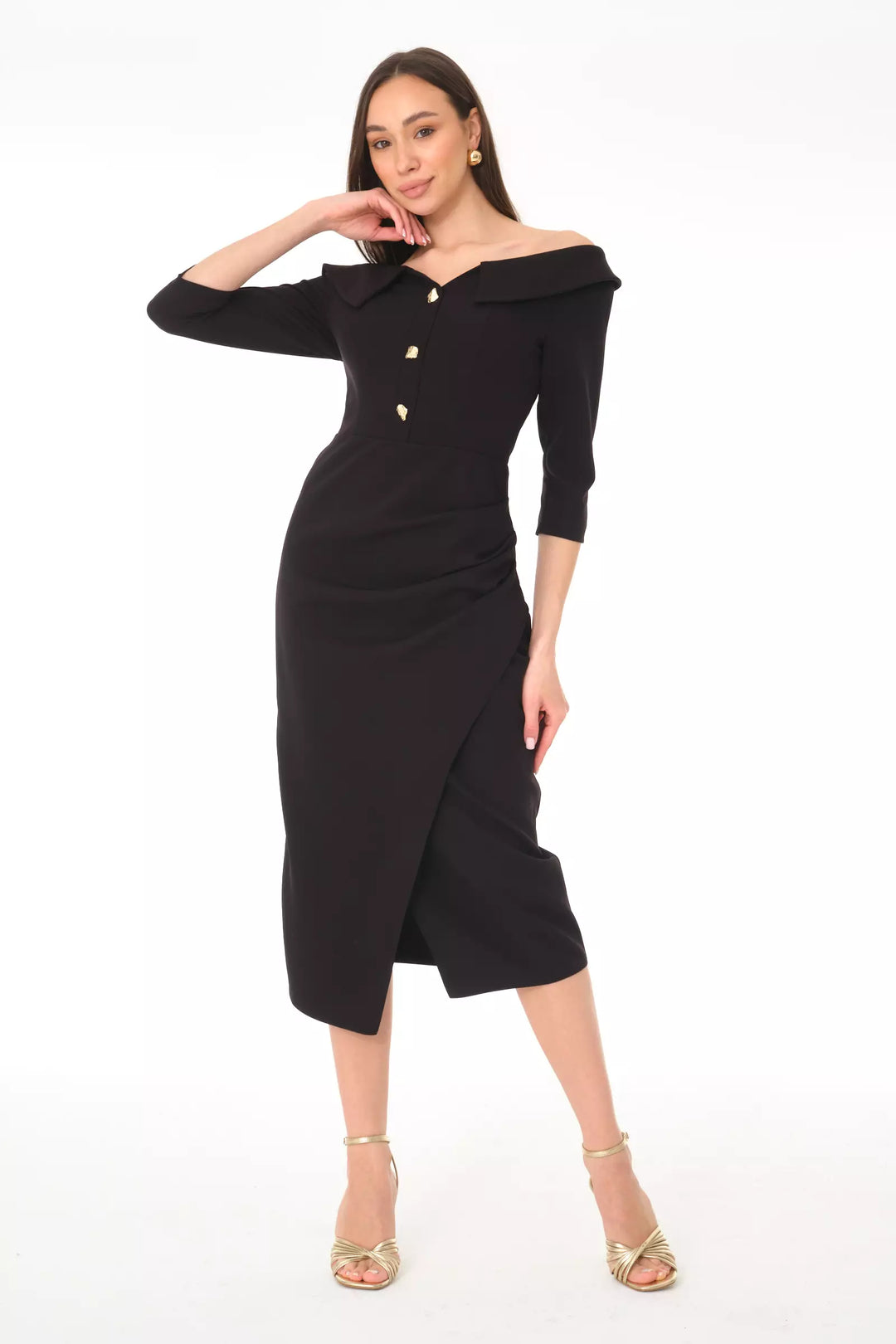 FRV Black crepe 3/4 sleeve midi dress - Burbank