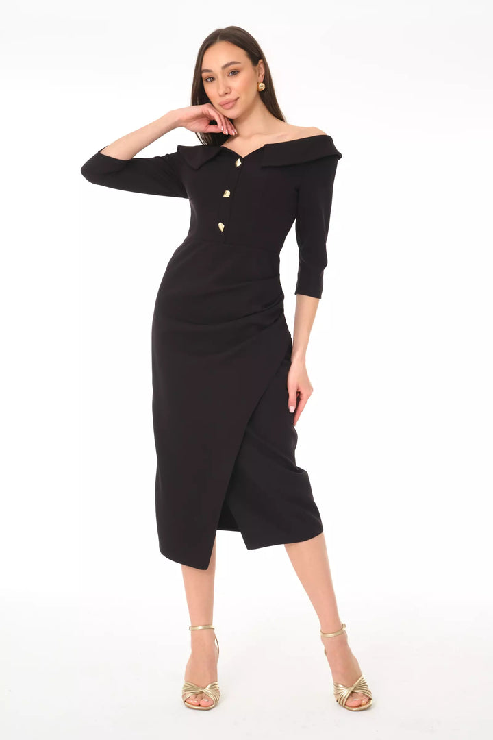 FRV Black crepe 3/4 sleeve midi dress - Burbank