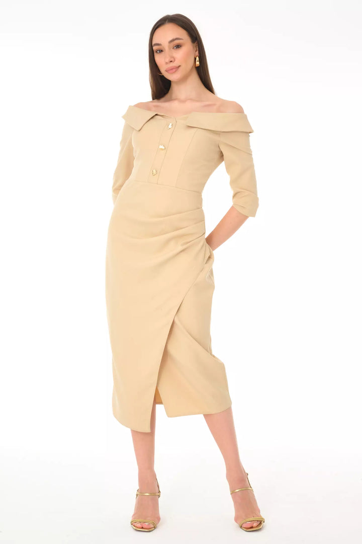 FRV Beige crepe 3/4 sleeve midi dress - Sheffield