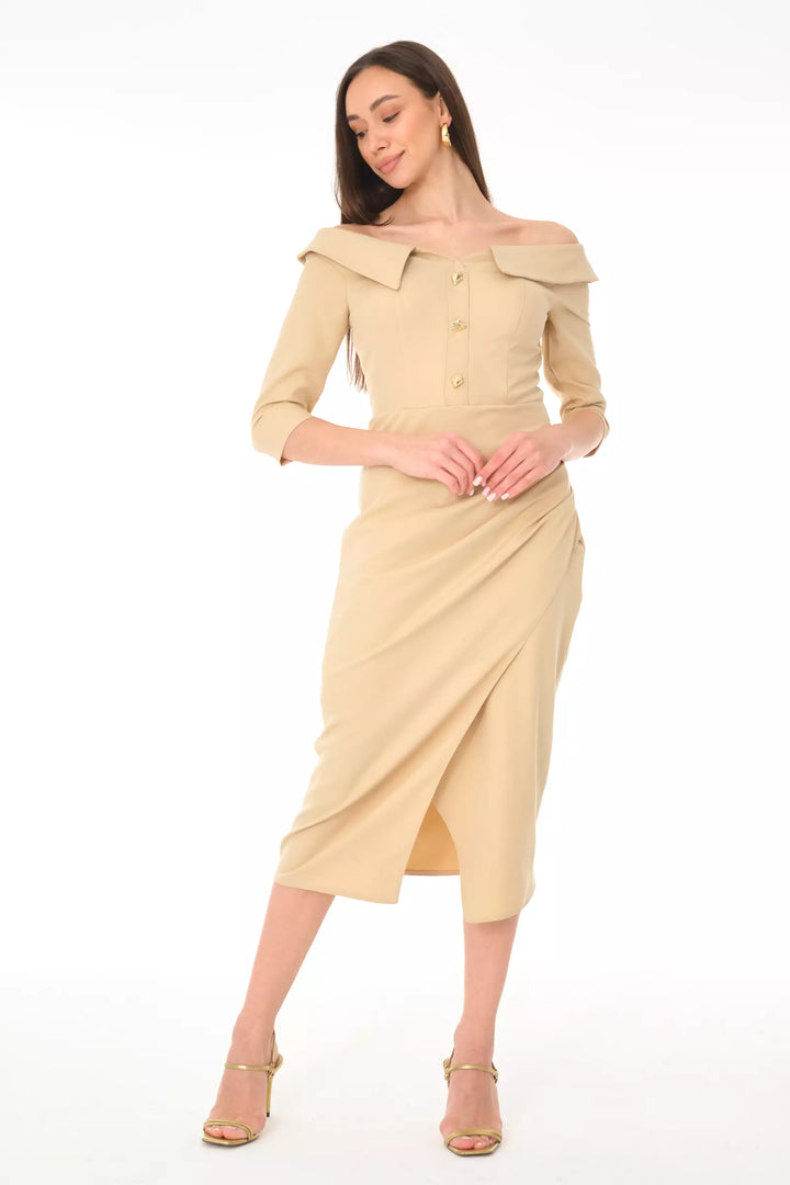 FRV Beige crepe 3/4 sleeve midi dress - Sheffield